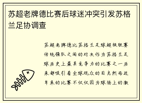 苏超老牌德比赛后球迷冲突引发苏格兰足协调查